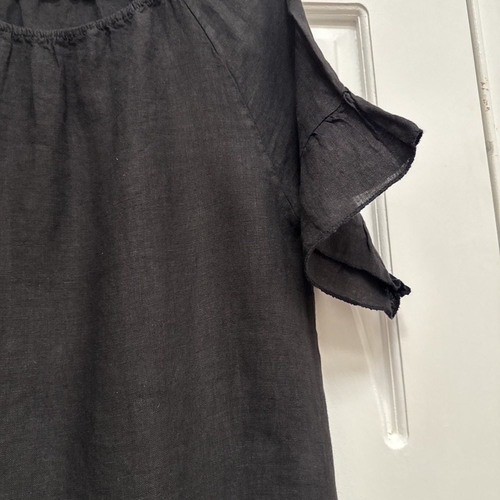 Camille &Co Black Linen Peasant Style Dress Size S Ruffle Staggered Hemline - Picture 2 of 6